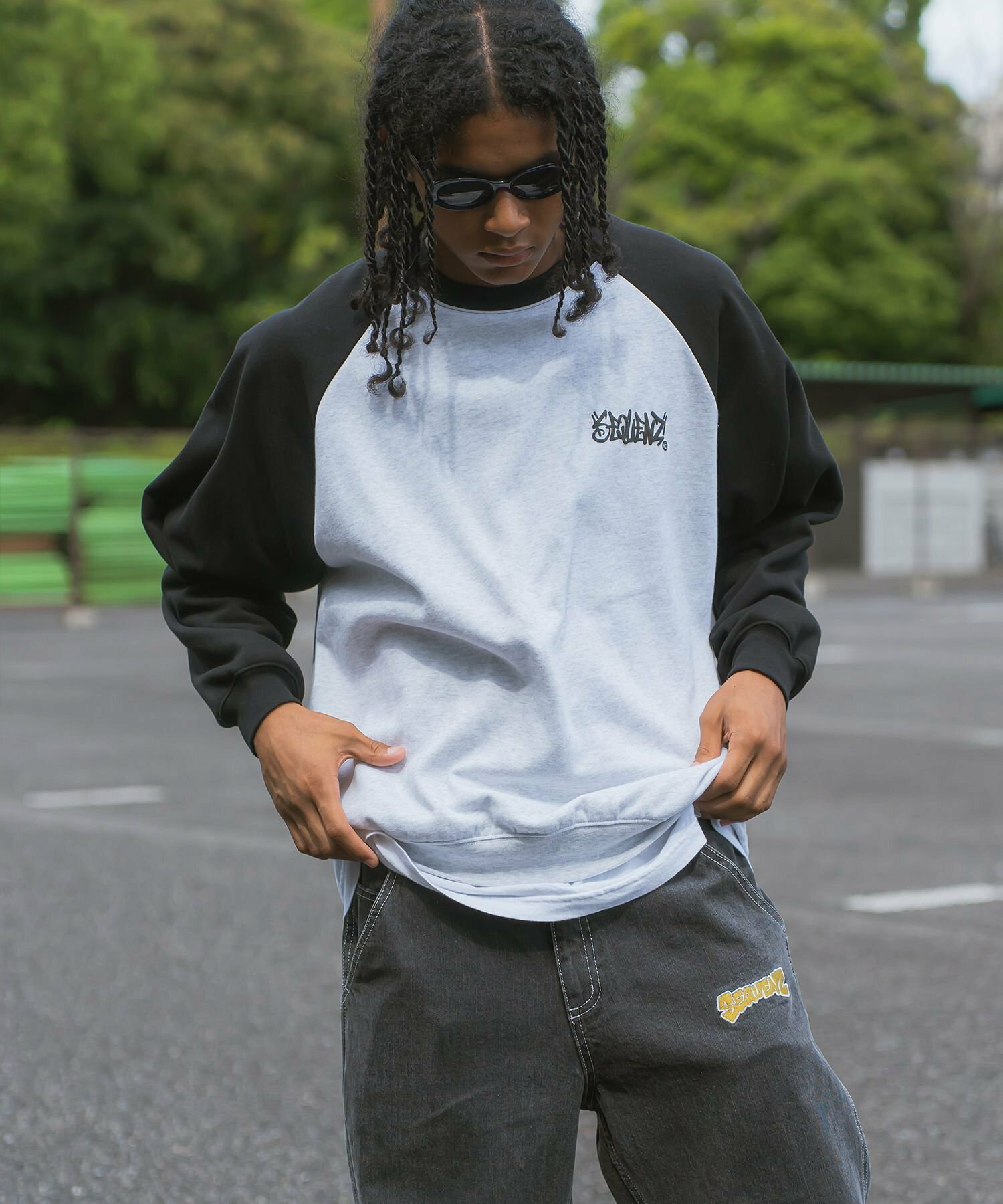 【SEQUENZ】 HEAVY DICE PUFF PT RAGLAN C/N SWEAT / 裏起毛 オーバーサイズ クルーネック スウェット 配色